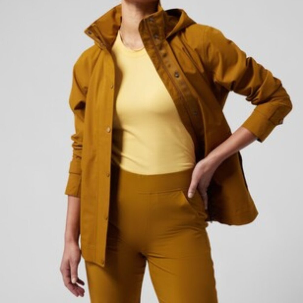 ATHLETA SUTRO RAINOUT TRENCH  HOODED RAIN JACKET COAT XS BRASS YELLOW GOLD - Picture 3 of 15